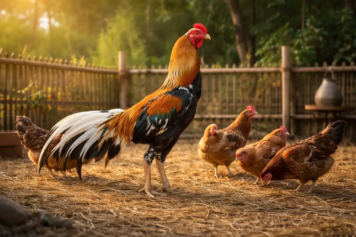 พ่อไก่ชน 1 ตัวคุมแม่ไก่ 3 ถึง 5 ตัวในคอกผสมพันธุ์