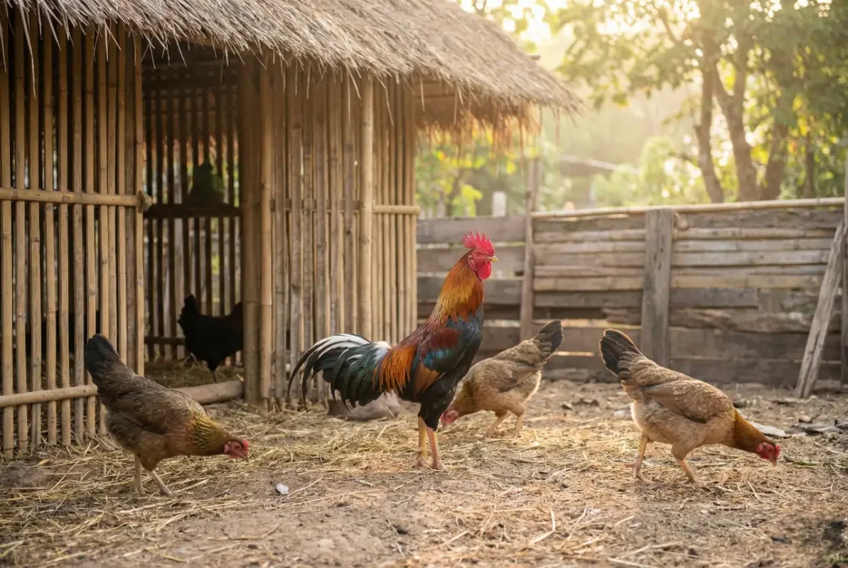 พ่อไก่ชน 1 ตัวคุมแม่ไก่ 3 ถึง 5 ตัวในคอกผสมพันธุ์