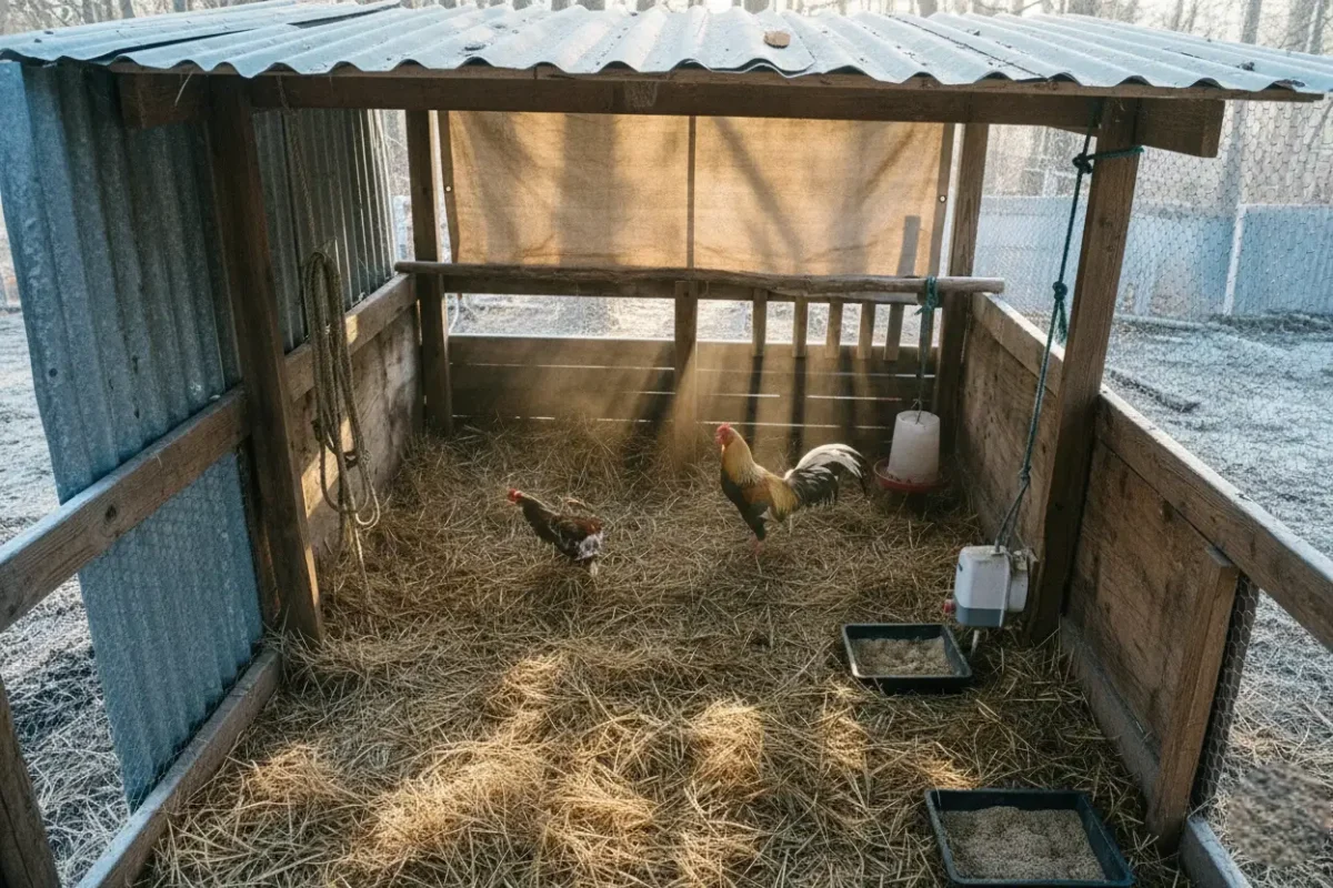 โรงเรือนไก่ชนปิดกันลมหนาวด้วยผ้าใบเพื่อป้องกันหวัด