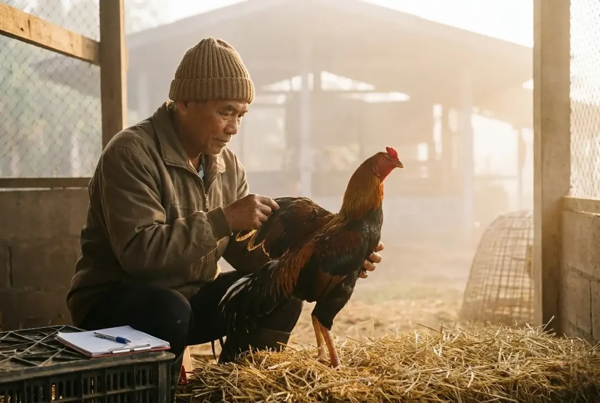 ตรวจสุขภาพไก่ชนตอนเช้าในช่วงหน้าหนาวเพื่อลดความเสี่ยงป่วย