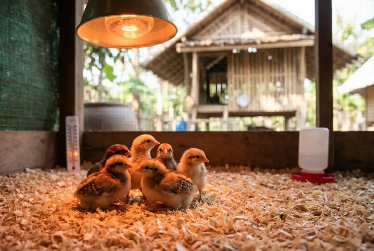 การอนุบาลลูกไก่ชนแรกเกิดภายใต้โคมไฟให้ความร้อนในช่วง 30 วันแรก