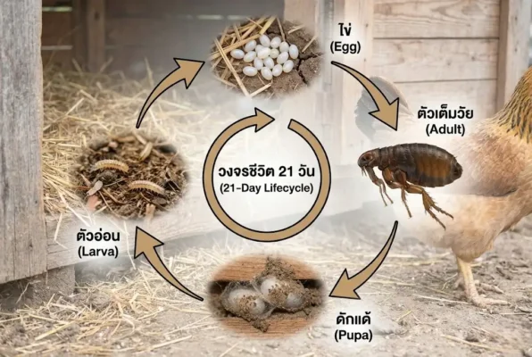 วงจรชีวิตหมัดไก่ 21 วัน และแหล่งซ่อนในเล้า