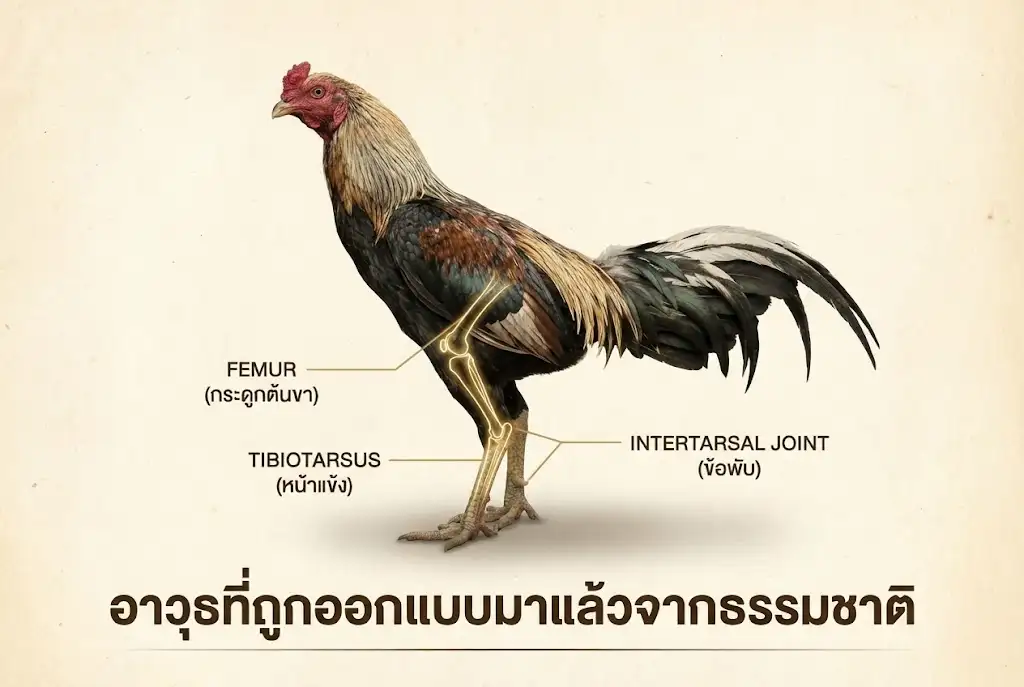โครงสร้างกระดูกขาและข้อพับของไก่ชนที่ส่งผลต่อแข้งคม