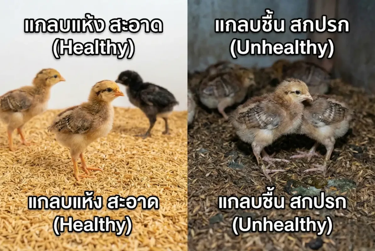 ความแตกต่างของวัสดุรองพื้นที่สะอาดและชื้นต่อสุขภาพลูกไก่ชน