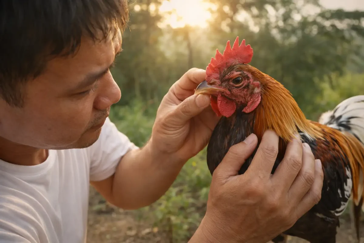 การตรวจสุขภาพไก่ชนประจำวันเพื่อป้องกันหมัดไก่