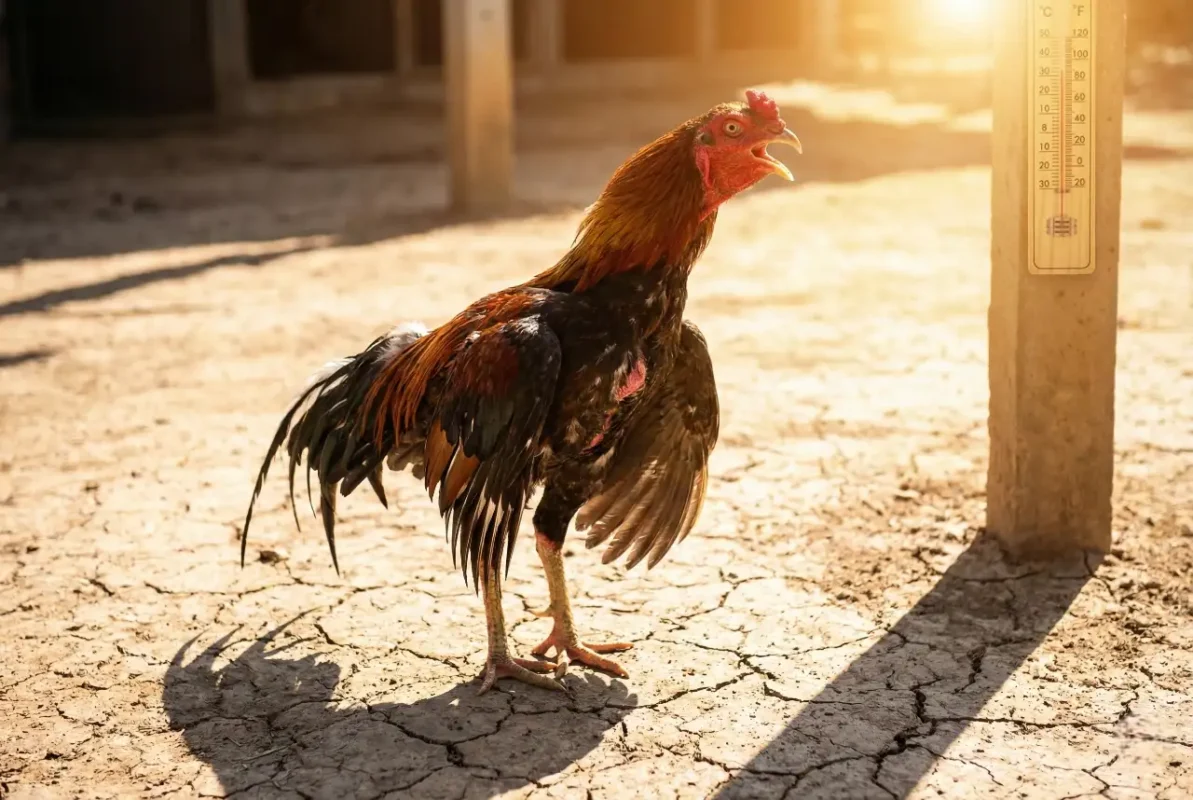 สัญญาณเตือนเมื่อกราดแดดไก่ชนมากเกินไป เช่น ไก่หอบและอ้าปาก