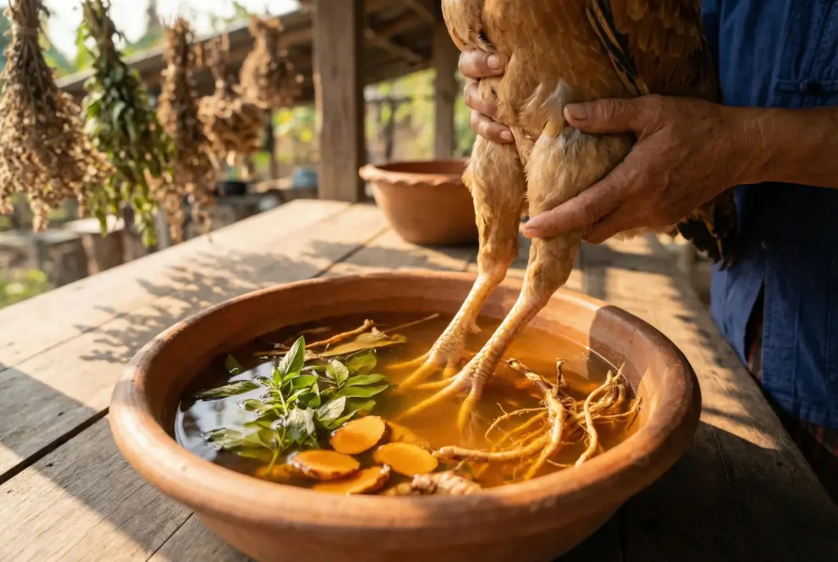 การแช่สมุนไพรดูแลขาไก่ชนเพื่อรักษาความคมของแข้ง