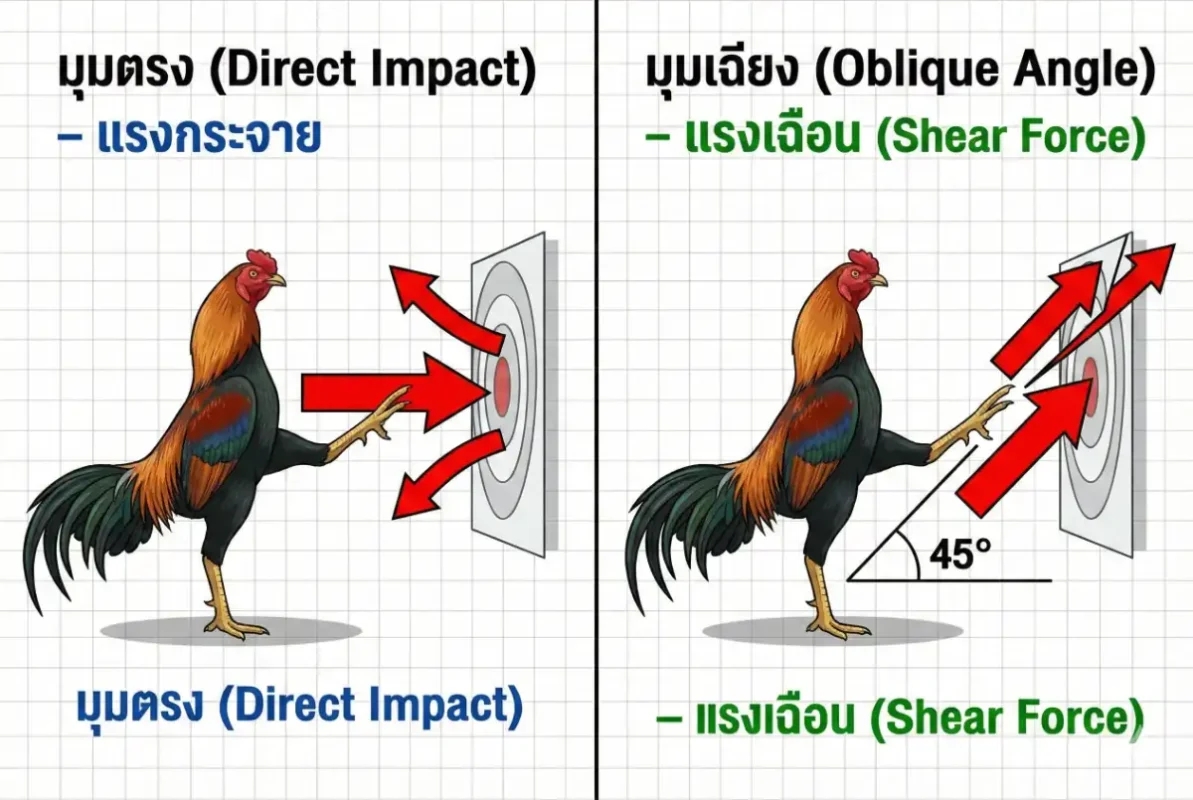 มุมปะทะของแข้งไก่ชนที่ทำให้เกิดบาดแผลแม้ไม่ใช้แรงมาก