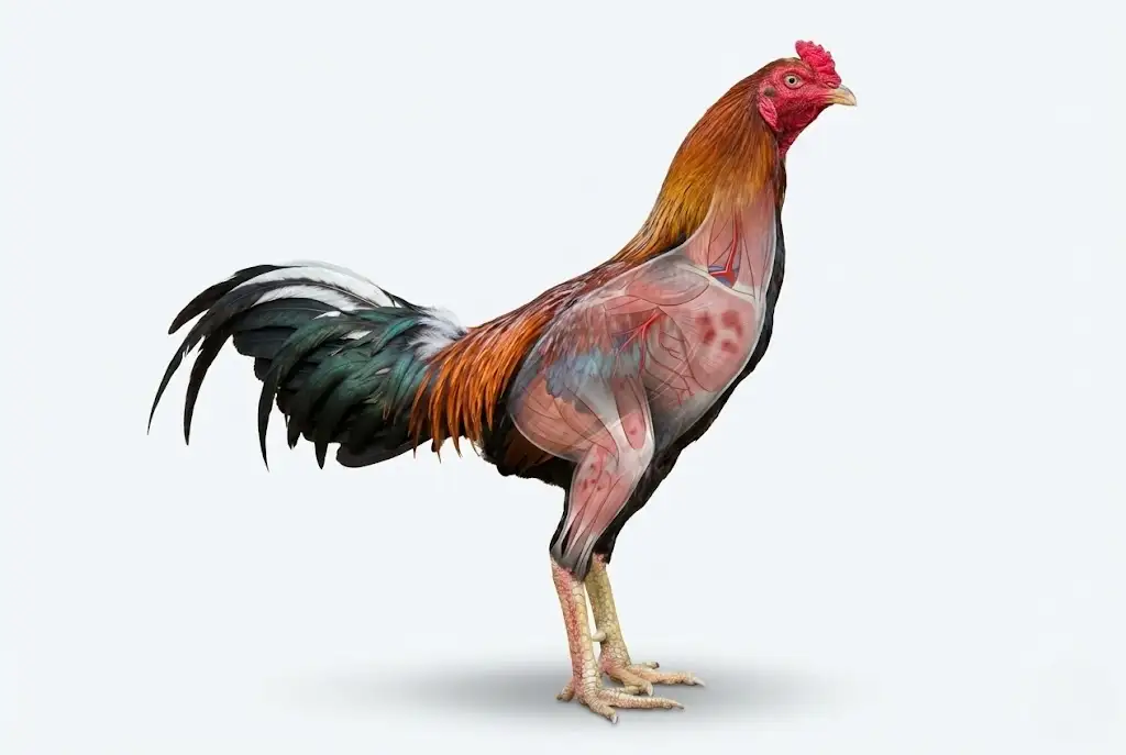 ภาพอธิบายอาการช้ำในไก่ชนที่มองไม่เห็นจากภายนอกแต่ส่งผลต่อฟอร์ม
