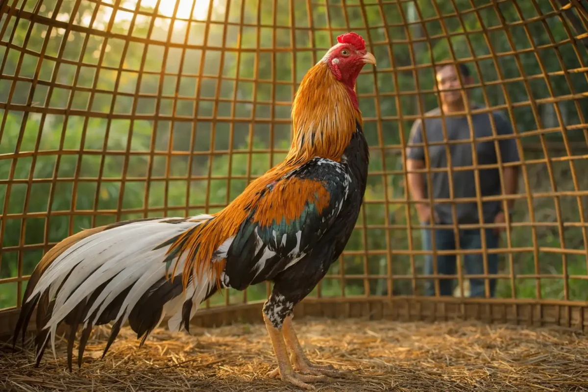 ไก่ชนหลังชนกำลังพักฟื้นในกรงอย่างสงบ