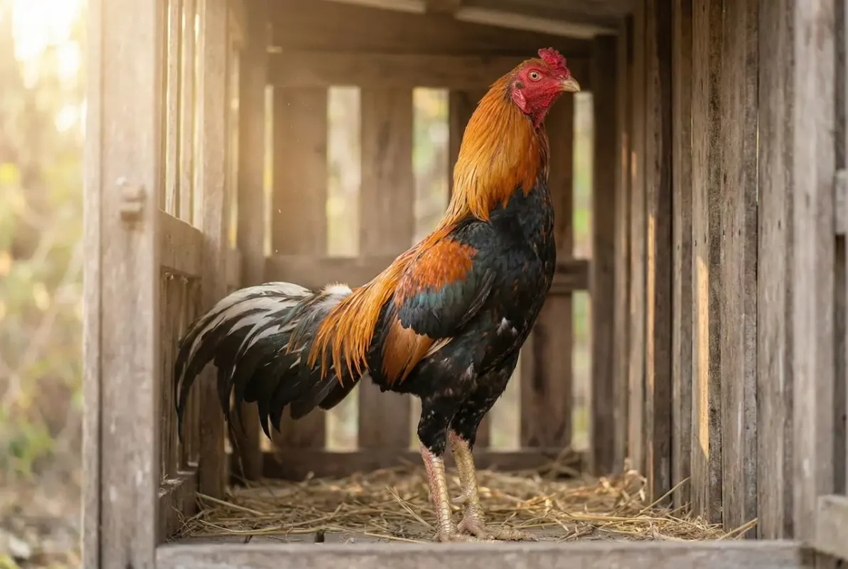 ไก่ชนแพ้ยืนพักฟื้นในสุ่ม แสงเช้า สื่อถึงการฟื้นฟูร่างกายและจิตใจ