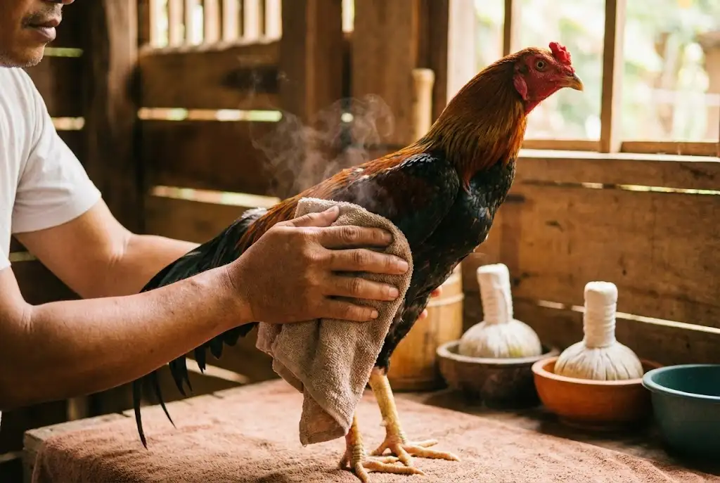 การนวดคลายกล้ามเนื้อไก่ชนหลังฝึกซ้อม