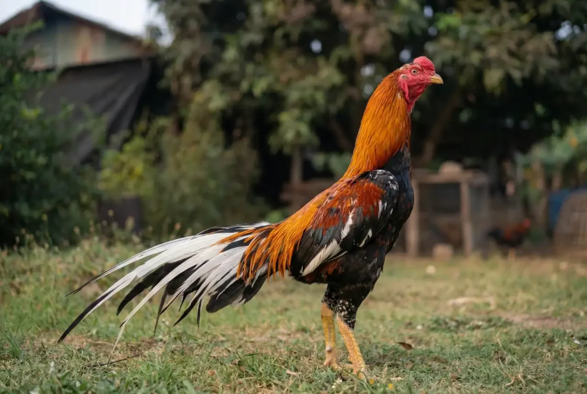 ไก่ชนยืนมั่นคง แสดงศักยภาพการตีเจ็บจากโครงสร้างและความแข็งแรงของร่างกาย