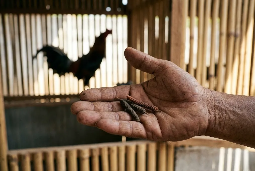 มือคนเลี้ยงไก่ชนกำลังพิจารณาสมุนไพรดีปลี สื่อถึงการใช้สมุนไพรอย่างมีสติ