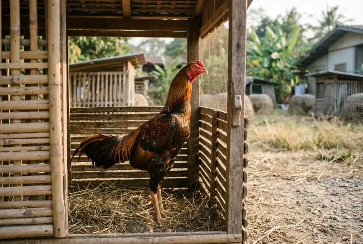 ไก่ชนวัยหนุ่มอายุประมาณ 7 เดือนยืนอยู่ในสุ่มในฟาร์มไก่ชน