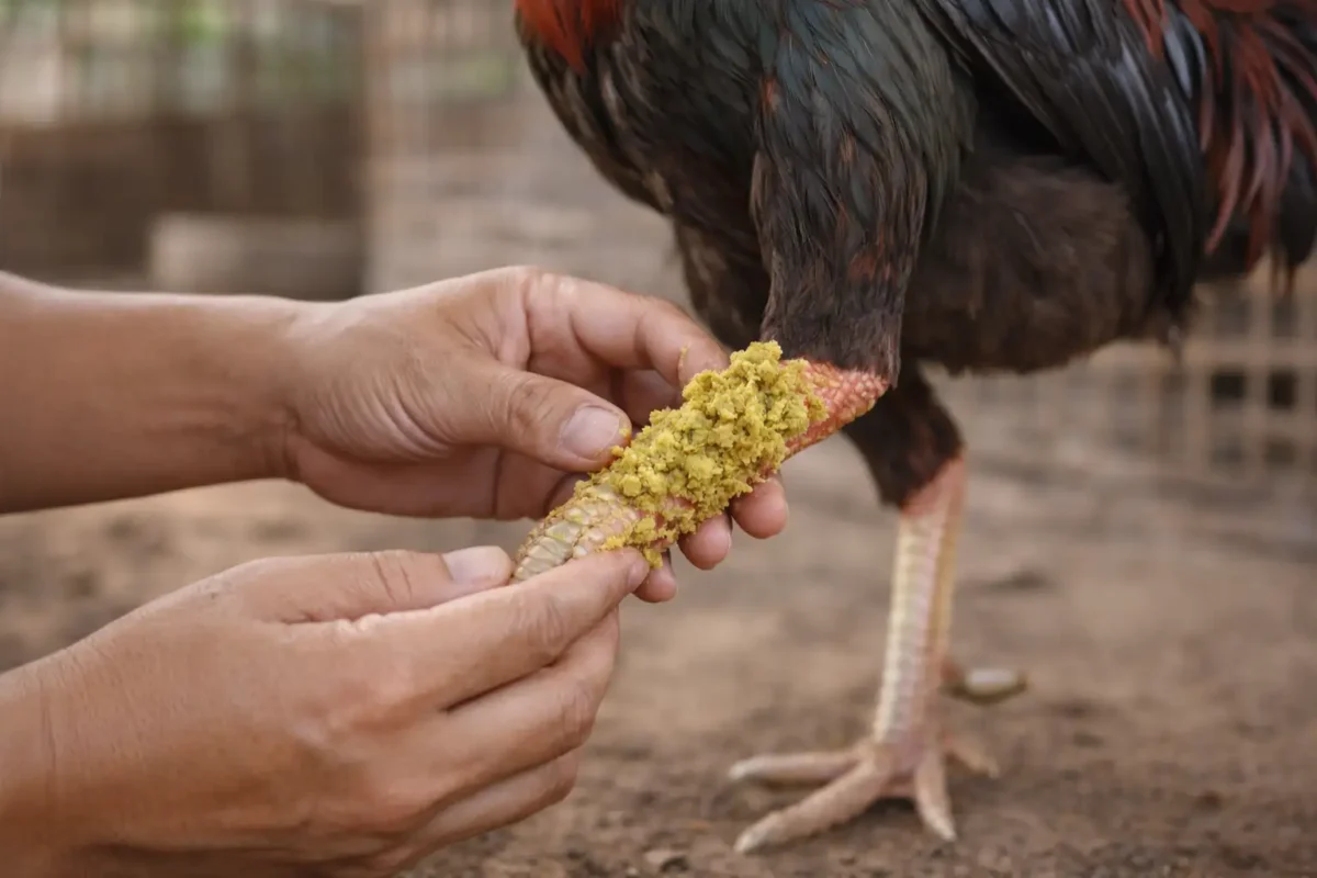 การพอกไพลบริเวณขาไก่ชนเพื่อลดอาการบวมหลังชน