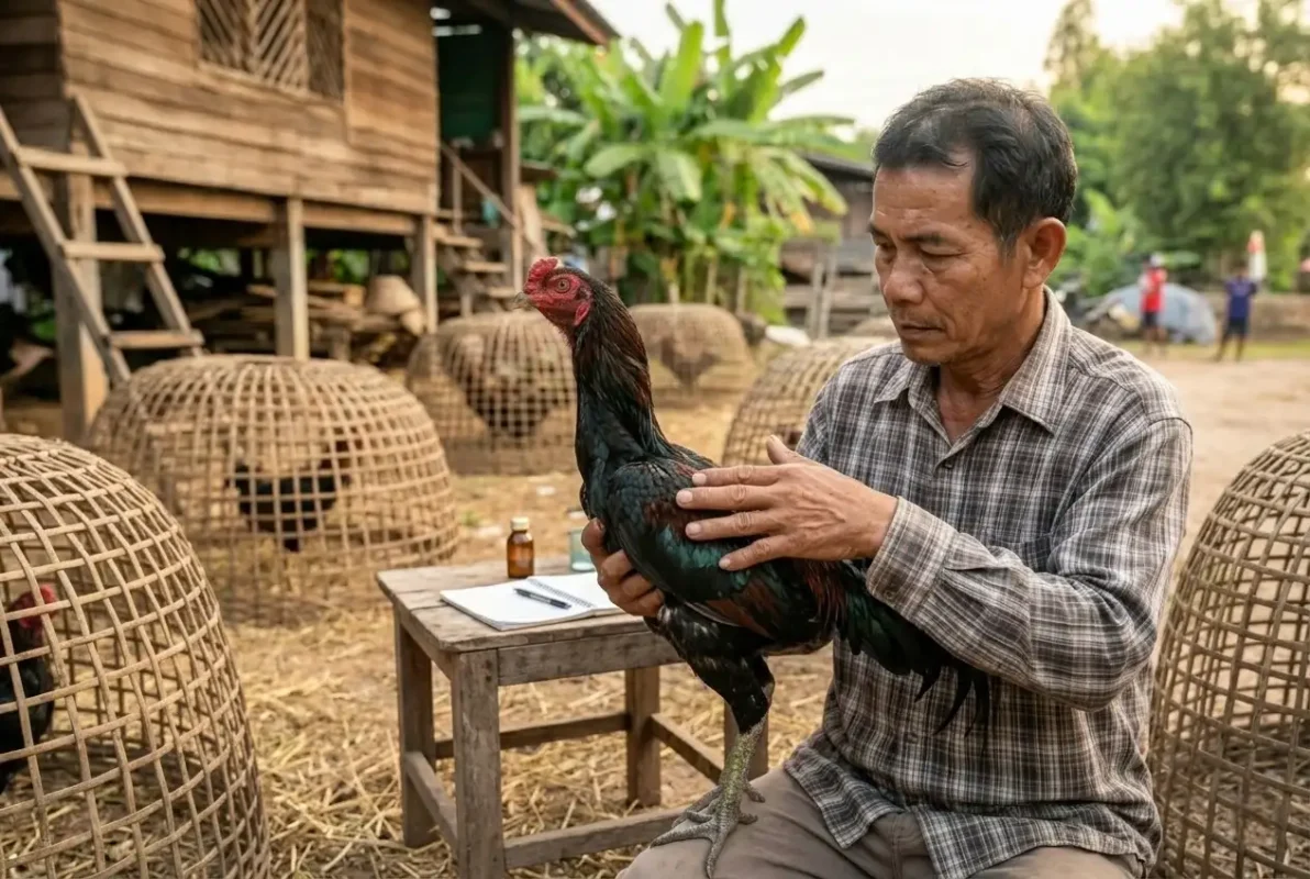 เจ้าของกำลังตรวจสุขภาพไก่ชนวัยหนุ่มในฟาร์ม