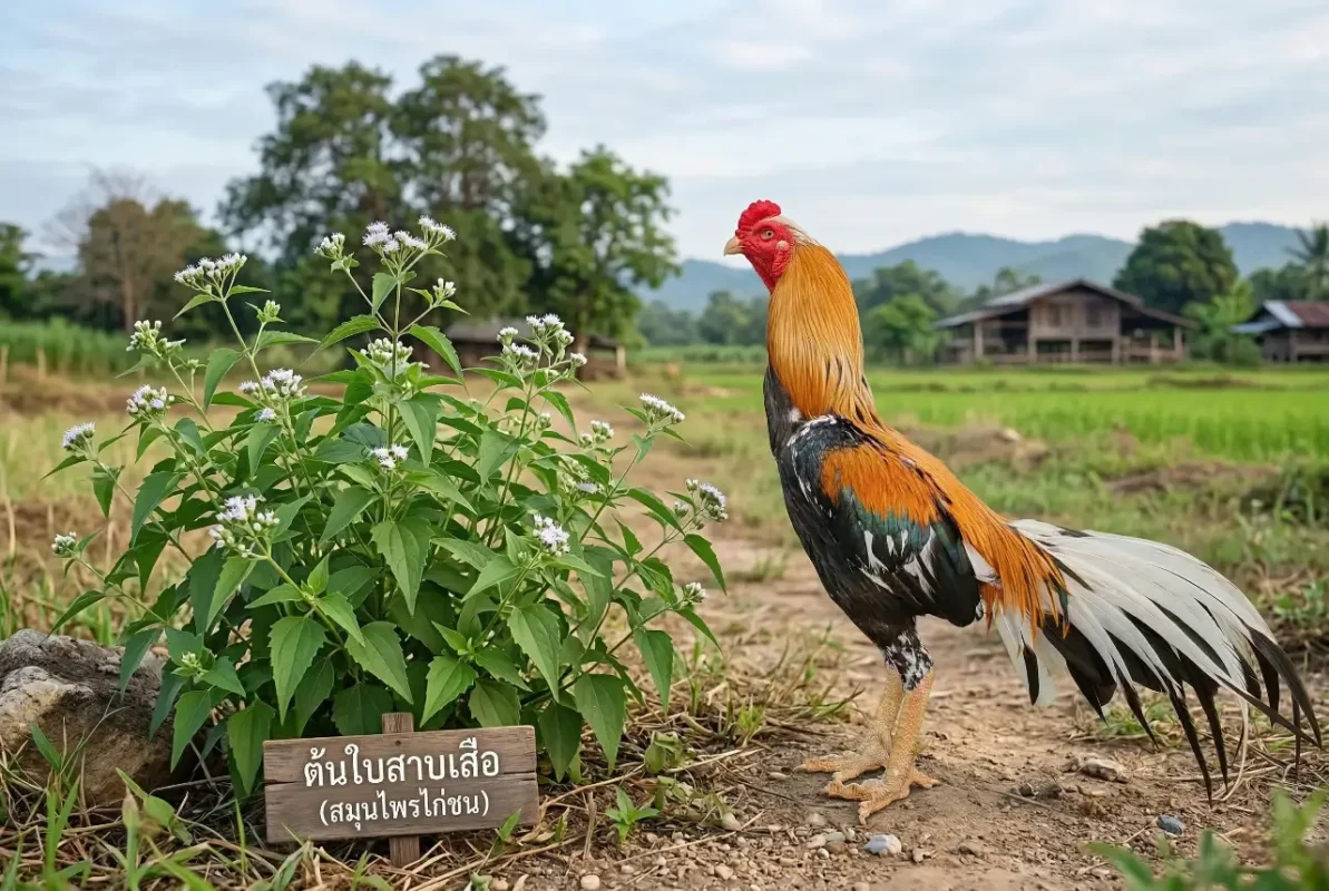 ใบสาบเสือสมุนไพรพื้นบ้านกับไก่ชน