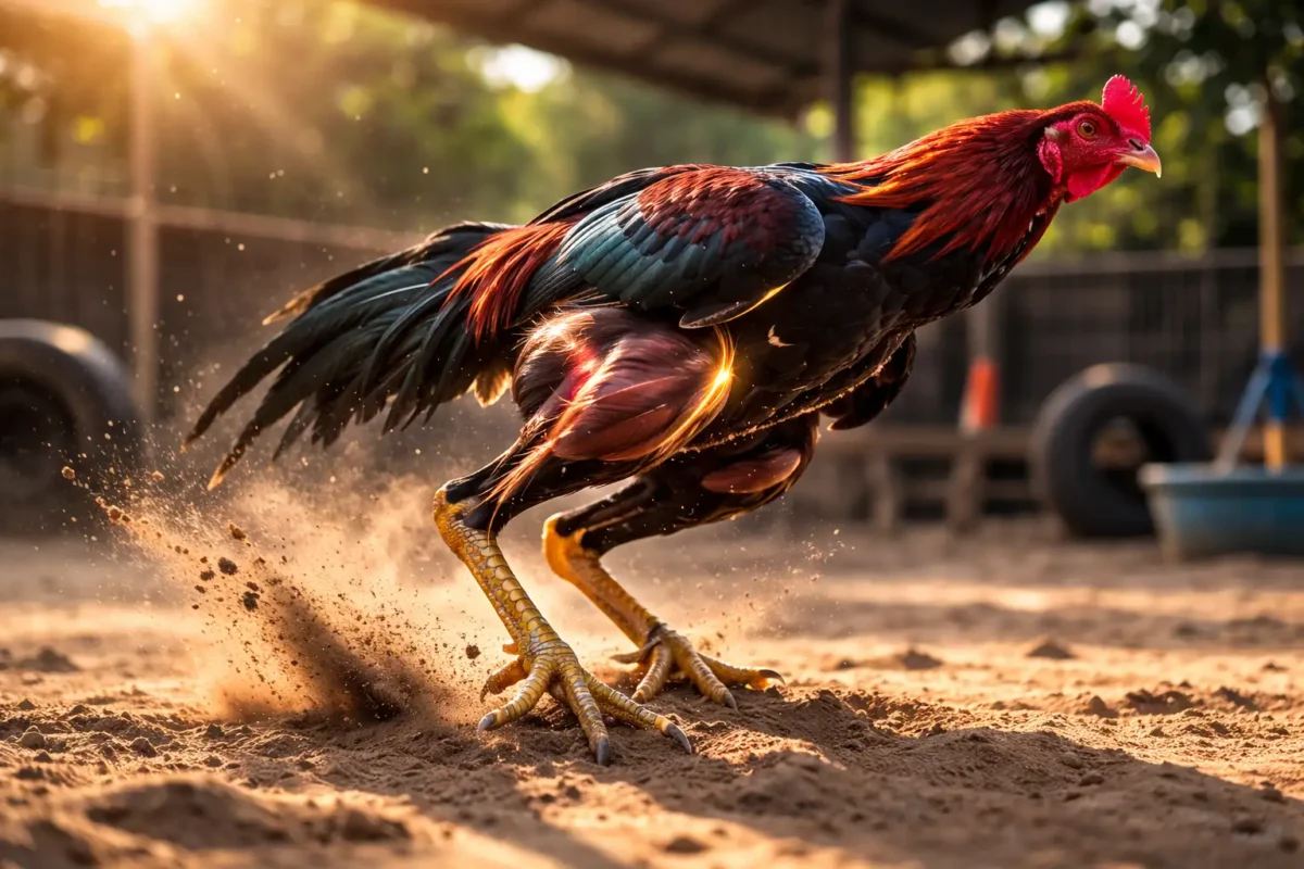 ไก่ชนกำลังย่อขาก่อนพุ่ง แสดงกลไกการสะสมพลังงานในเส้นเอ็น