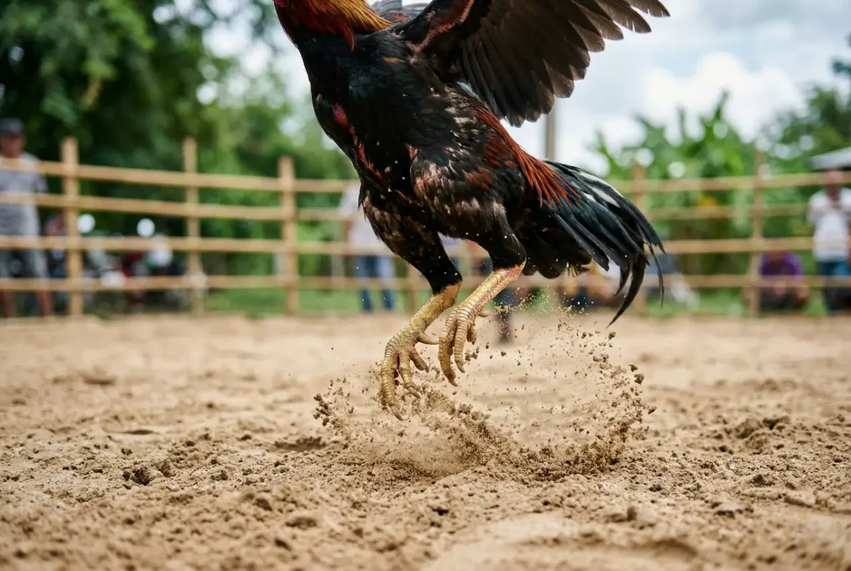 ไก่ชนกำลังดีดตัวขึ้นจากพื้นทราย แสดงแรงส่งจากพื้นอย่างชัดเจน