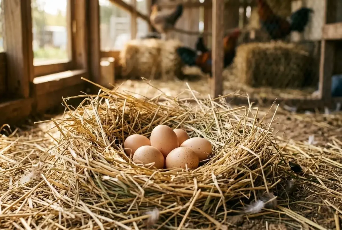 ไข่ไก่ชนในรังฟางแสดงถึงคุณภาพไข่จากแม่ไก่ที่ได้รับโภชนาการดี