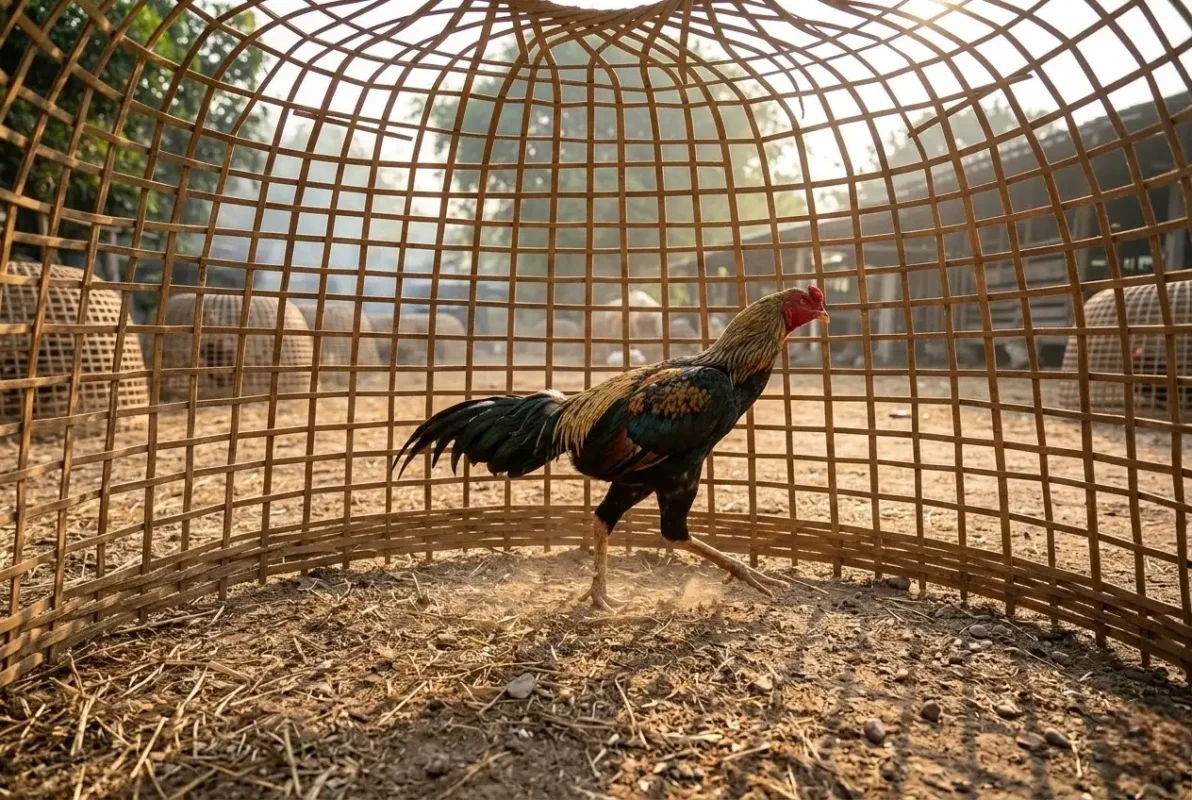 ไก่ชนวัยหนุ่มกำลังเดินสุ่มเพื่อออกกำลังกาย