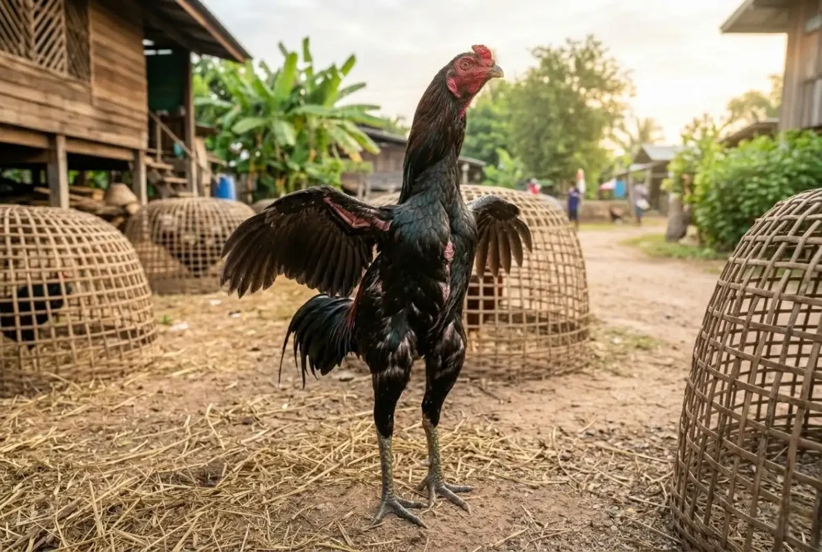 ไก่ชนวัยหนุ่มกำลังพัฒนากล้ามเนื้อและโครงสร้างร่างกาย