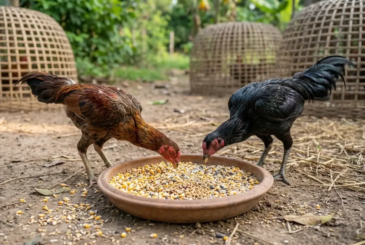 อาหารและธัญพืชสำหรับเลี้ยงไก่ชนวัยหนุ่ม