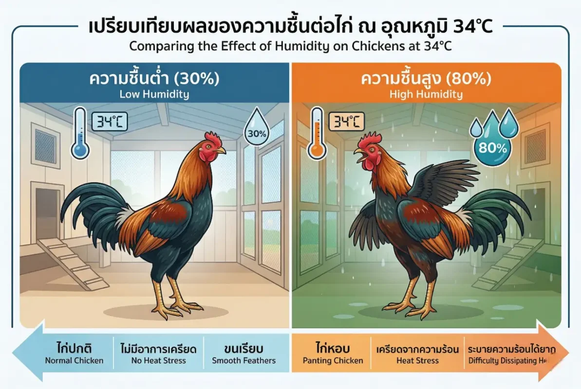 ตัวอย่างผลกระทบของดัชนีความร้อนต่อไก่ชนเมื่ออุณหภูมิและความชื้นเพิ่มขึ้น