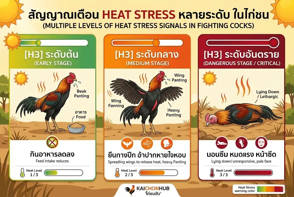 สัญญาณเตือนความเครียดจากความร้อนในไก่ชนหลายระดับ