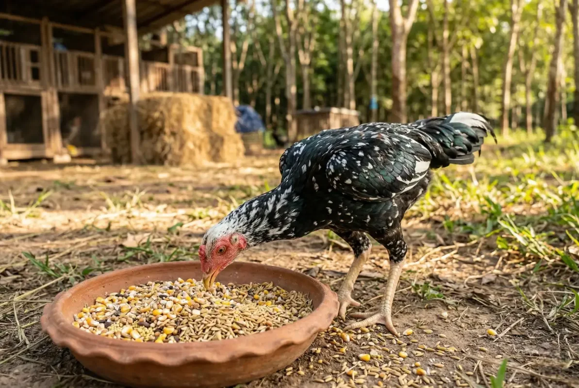 แม่ไก่ชนกำลังกินอาหารธัญพืชเพื่อเตรียมความพร้อมก่อนผสมพันธุ์