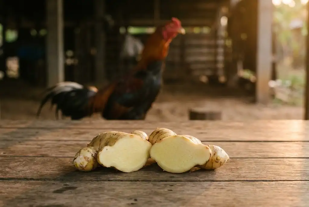ไพลสดวางบนโต๊ะไม้พร้อมไก่ชนในฉากหลัง ใช้สำหรับฟื้นฟูลดบวม