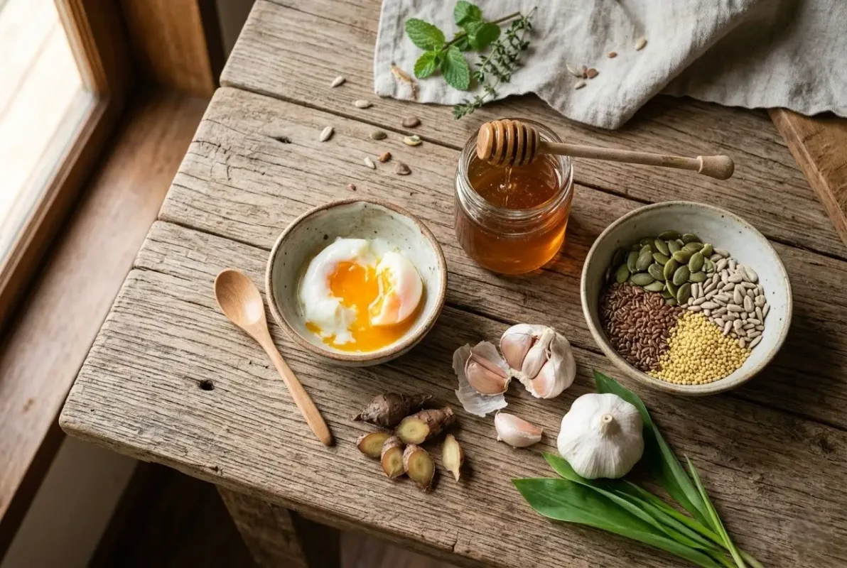 วัตถุดิบอาหารบำรุงพ่อพันธุ์ไก่ชน เช่น ไข่ลวก น้ำผึ้ง และสมุนไพรเพิ่มคุณภาพน้ำเชื้อ