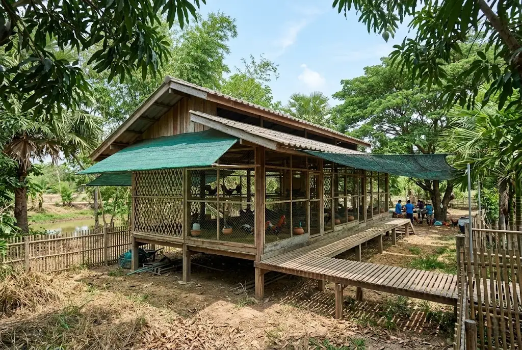 โรงเรือนไก่ชนแบบโปร่งช่วยลดความร้อนสะสมในฤดูร้อน