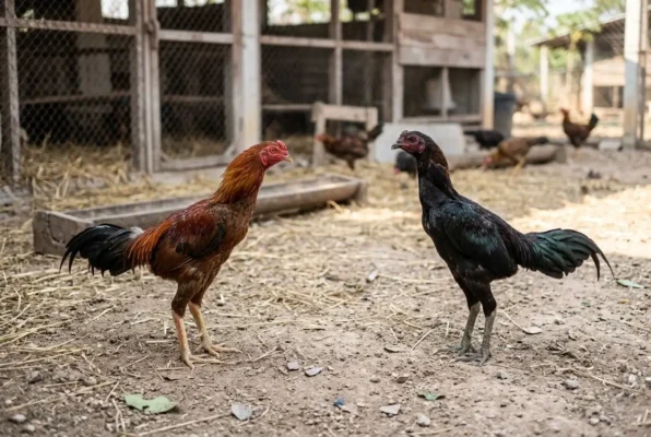 ไก่ชนวัยหนุ่มแสดงพฤติกรรมท้าทายตามสัญชาตญาณนักสู้
