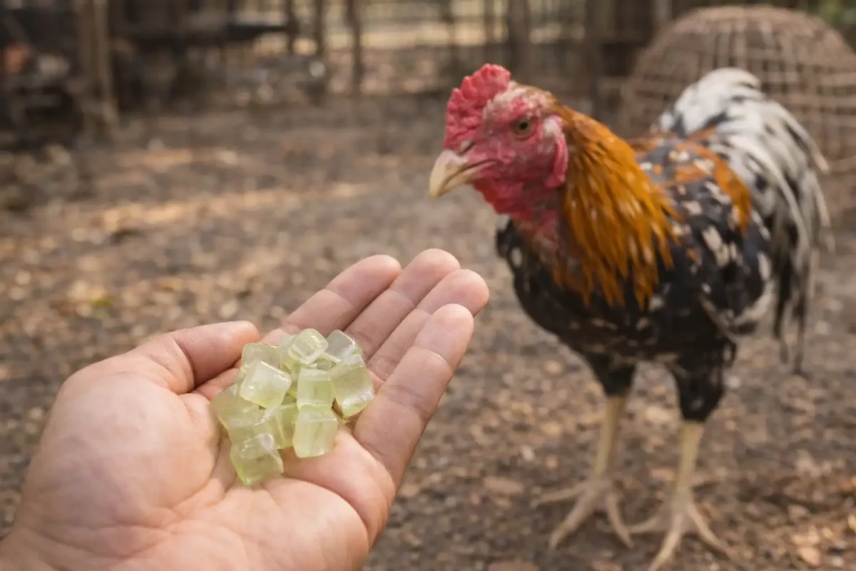 วุ้นว่านหางจระเข้หั่นชิ้นเล็กสำหรับป้อนให้ไก่ชนกิน