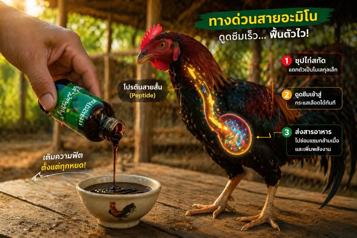 ซุปไก่สกัดเป็นโปรตีนสายสั้นที่ดูดซึมเร็วช่วยฟื้นฟูกล้ามเนื้อไก่ชนหลังซ้อม