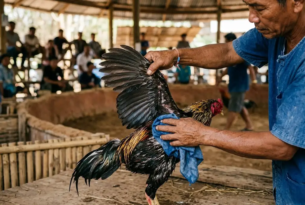 มือน้ำกำลังเช็ดน้ำไก่ชนอย่างถูกวิธี