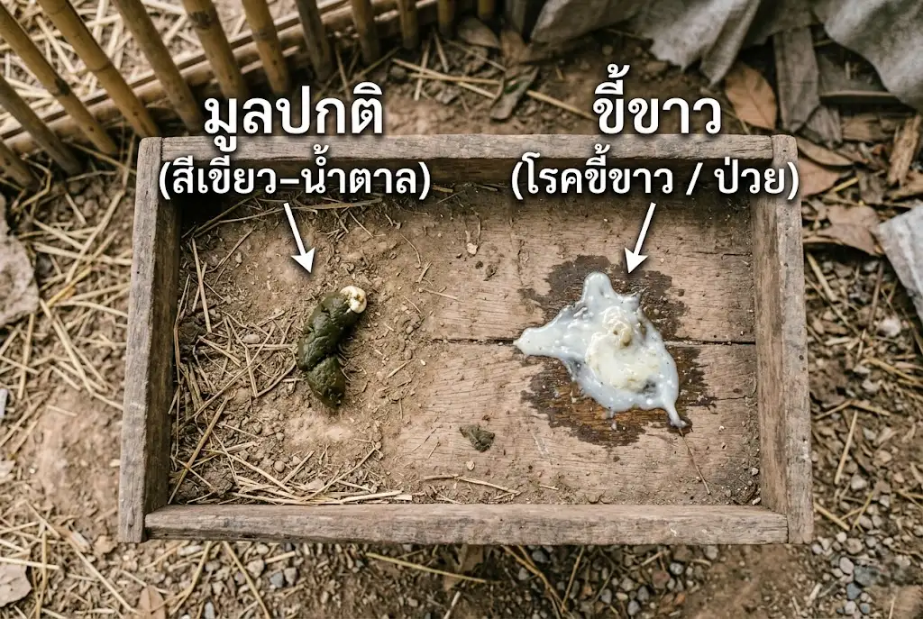 เปรียบเทียบมูลไก่ปกติกับมูลสีขาวผิดปกติที่พบในโรคขี้ขาวไก่ชน