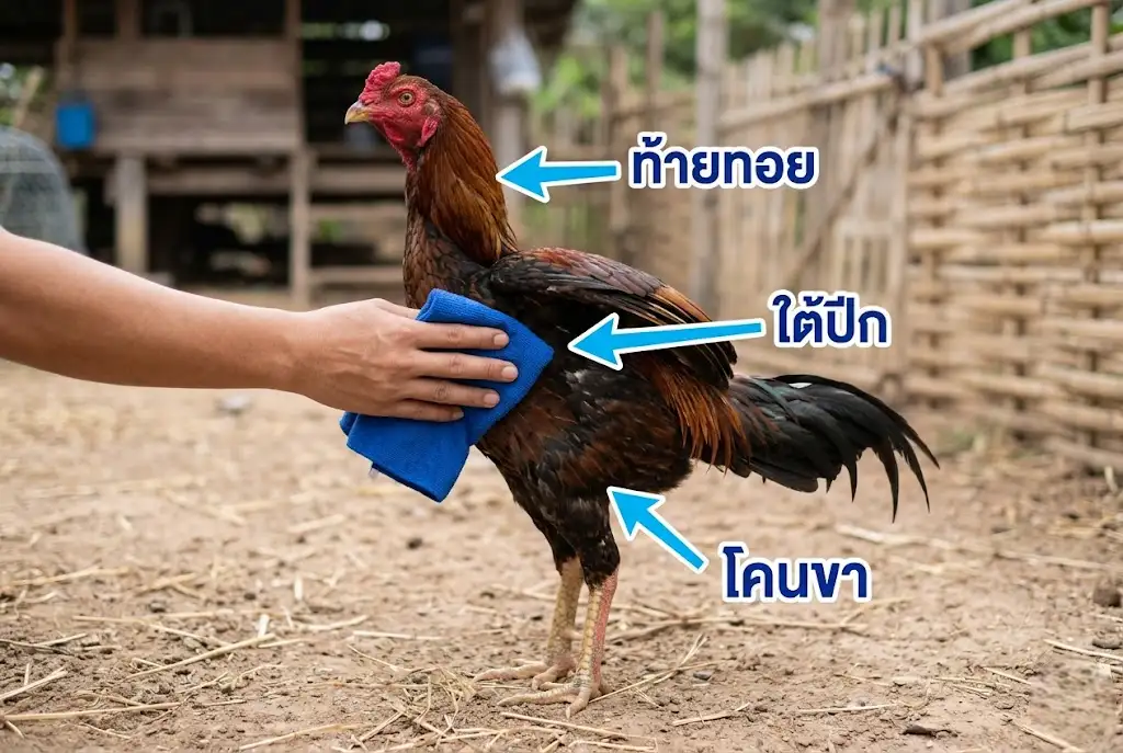ตำแหน่งการกราดน้ำที่ถูกต้องเพื่อช่วยลดความร้อนร่างกายไก่ชนช่วงพักยก