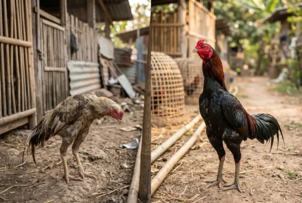 เปรียบเทียบไก่ชนก่อนและหลังถ่ายพยาธิ แสดงความแตกต่างของความสมบูรณ์และสีหน้า