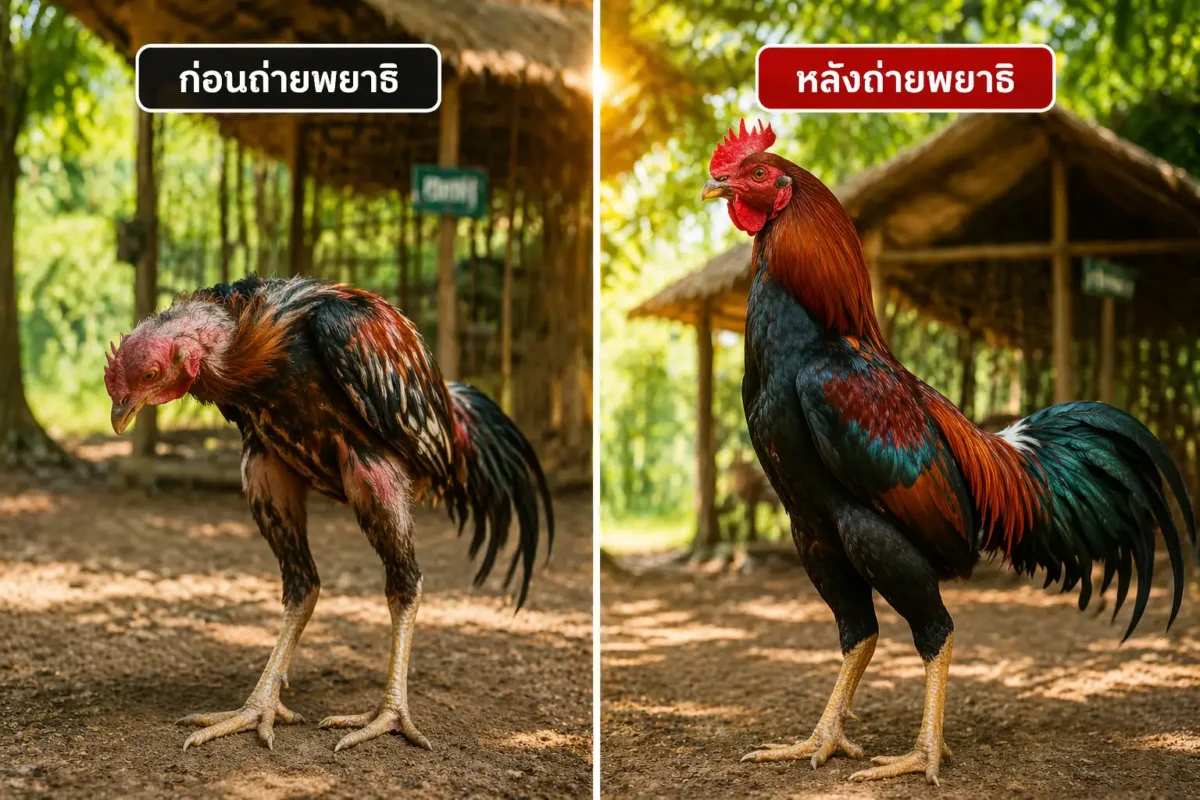 เปรียบเทียบไก่ชนก่อนและหลังถ่ายพยาธิ แสดงความแตกต่างของความสมบูรณ์และสีหน้า