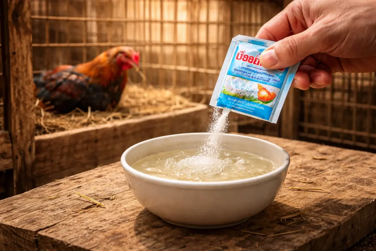 การให้น้ำเกลือแร่ไก่ชนเพื่อฟื้นสมดุลร่างกายเมื่อมีอาการซึม