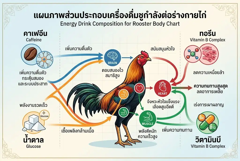 ส่วนประกอบเครื่องดื่มชูกำลังที่มีผลต่อร่างกายไก่ชน