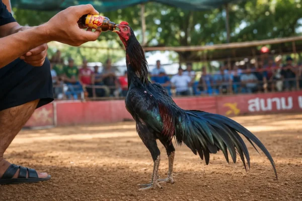 ให้เครื่องดื่มชูกำลังก่อนปล่อยไก่ชนในสนามชน