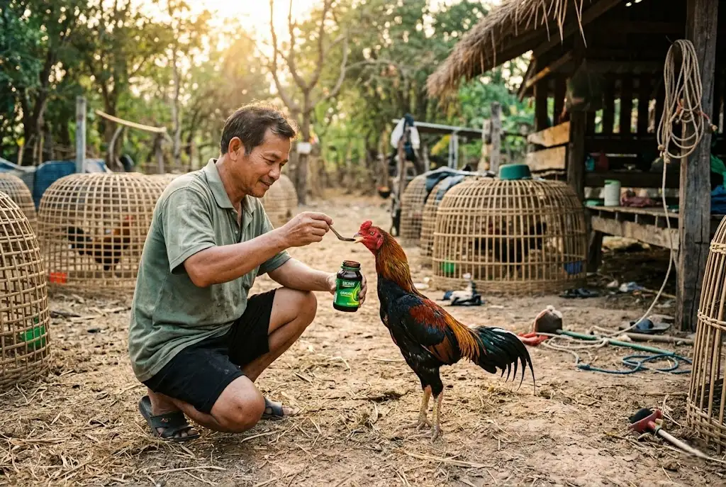 การให้ซุปไก่สกัดกับไก่ชนช่วงฟิตก่อนชนเพื่อช่วยเพิ่มความสดและความอึด