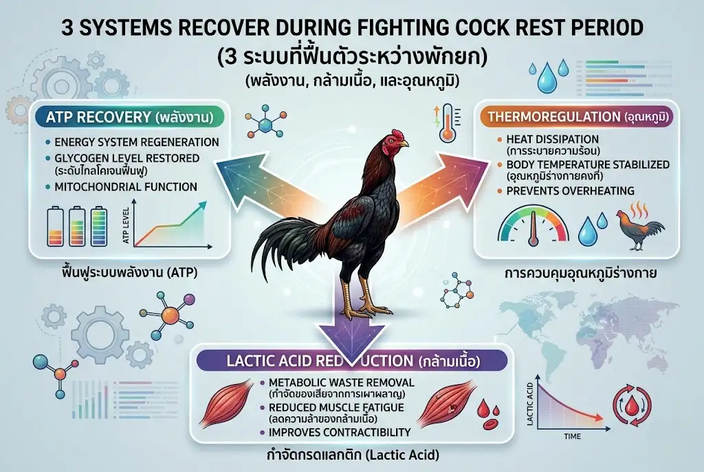 แผนภาพแสดงการฟื้นตัวของพลังงาน กล้ามเนื้อ และอุณหภูมิร่างกายไก่ชนช่วงพักยก