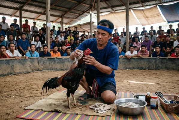 มือน้ำกำลังดูแลไก่ชนช่วงพักยกระหว่างการแข่งขันในสนามชนไก่