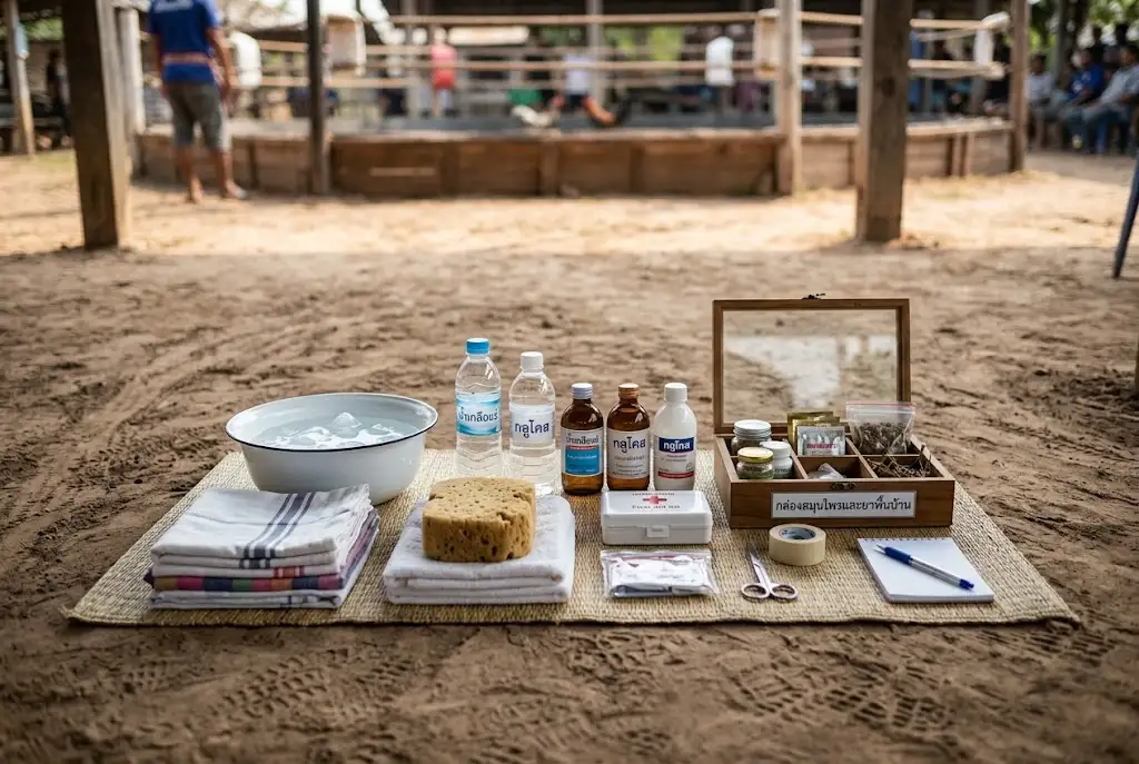อุปกรณ์ที่ใช้ดูแลไก่ชนระหว่างพักยกวางอยู่ข้างพรมในสนามชนไก่