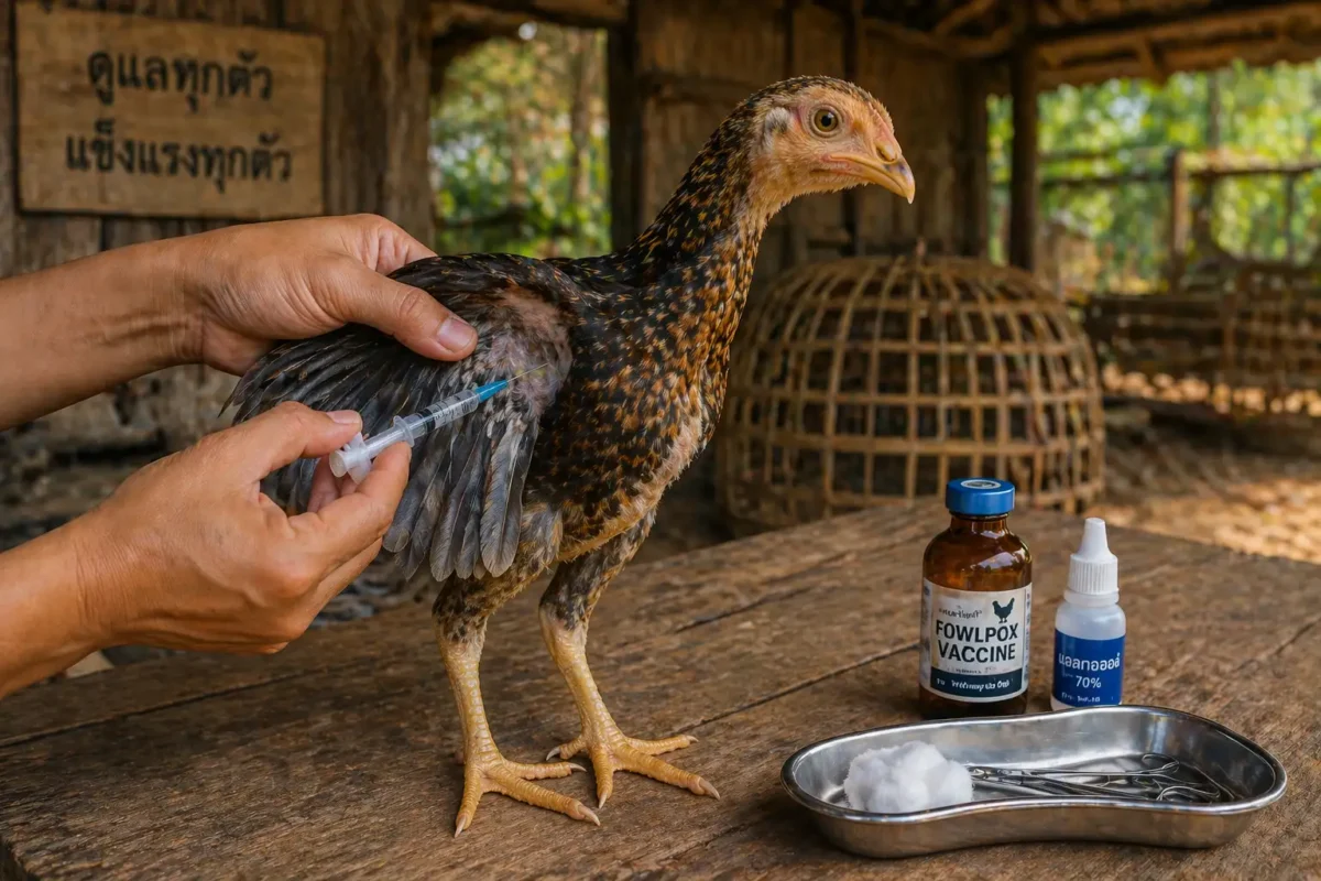 การแทงปีกเพื่อฉีดวัคซีนฝีดาษไก่ชนในช่วงไก่รุ่น